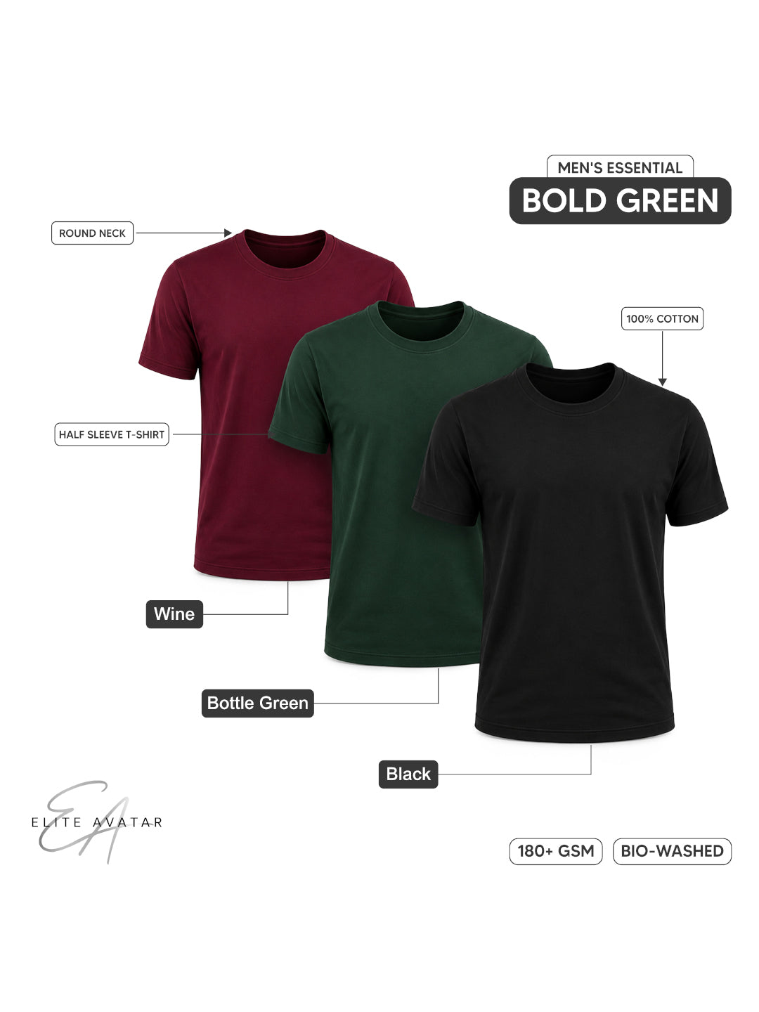 Bold Green | Men's Essential 100% Cotton Round Neck T-Shirt | Black + Bottle Green + Wine | Pack of 3