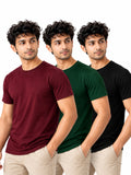 Bold Green | Men's Essential 100% Cotton Round Neck T-Shirt | Black + Bottle Green + Wine | Pack of 3