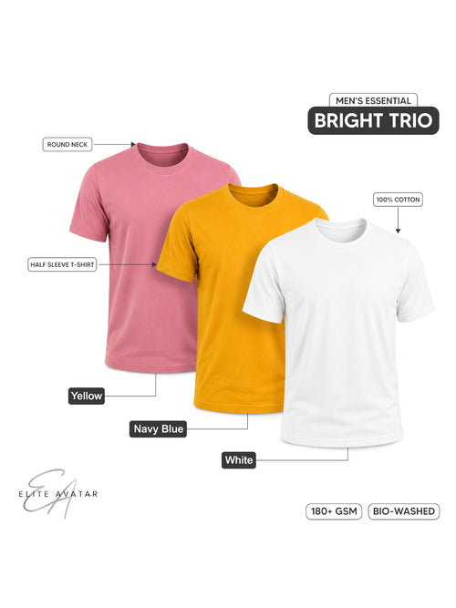 Bright Trio | Men's Essential 100% Cotton Round Neck T-Shirt | White + Yellow + Onion Pink | Pack of 3
