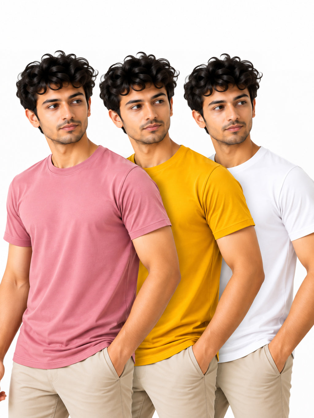 Bright Trio | Men's Essential 100% Cotton Round Neck T-Shirt | White + Yellow + Onion Pink | Pack of 3