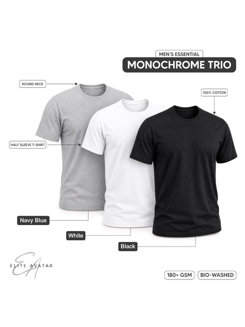 Classic Trio | Men's Essential 100% Cotton Round Neck T-Shirt | Black + White + Grey Melange | Pack of 3