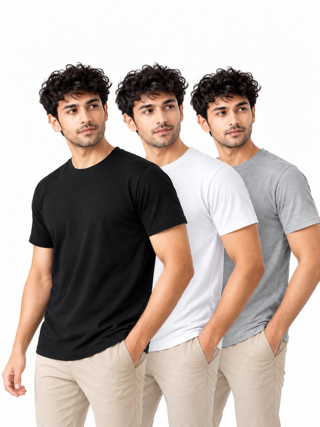 Classic Trio | Men's Essential 100% Cotton Round Neck T-Shirt | Black + White + Grey Melange | Pack of 3