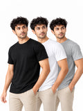 Classic Trio | Men's Essential 100% Cotton Round Neck T-Shirt | Black + White + Grey Melange | Pack of 3