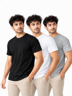 Classic Trio | Men's Essential 100% Cotton Round Neck T-Shirt | Black + White + Grey Melange | Pack of 3