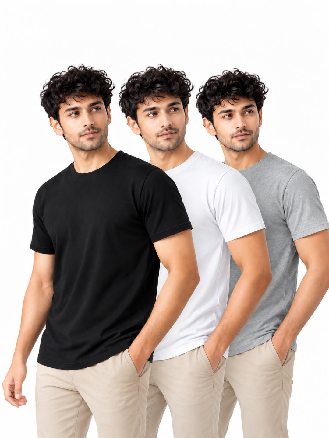 Classic Trio | Men's Essential 100% Cotton Round Neck T-Shirt | Black + White + Grey Melange | Pack of 3