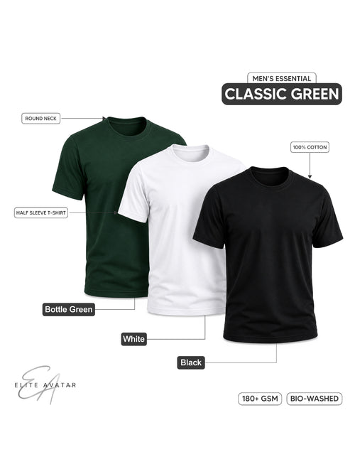 Classic Green | Men's Essential 100% Cotton Round Neck T-Shirt | Black + White + Bottle Green | Pack of 3