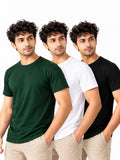 Classic Green | Men's Essential 100% Cotton Round Neck T-Shirt | Black + White + Bottle Green | Pack of 3