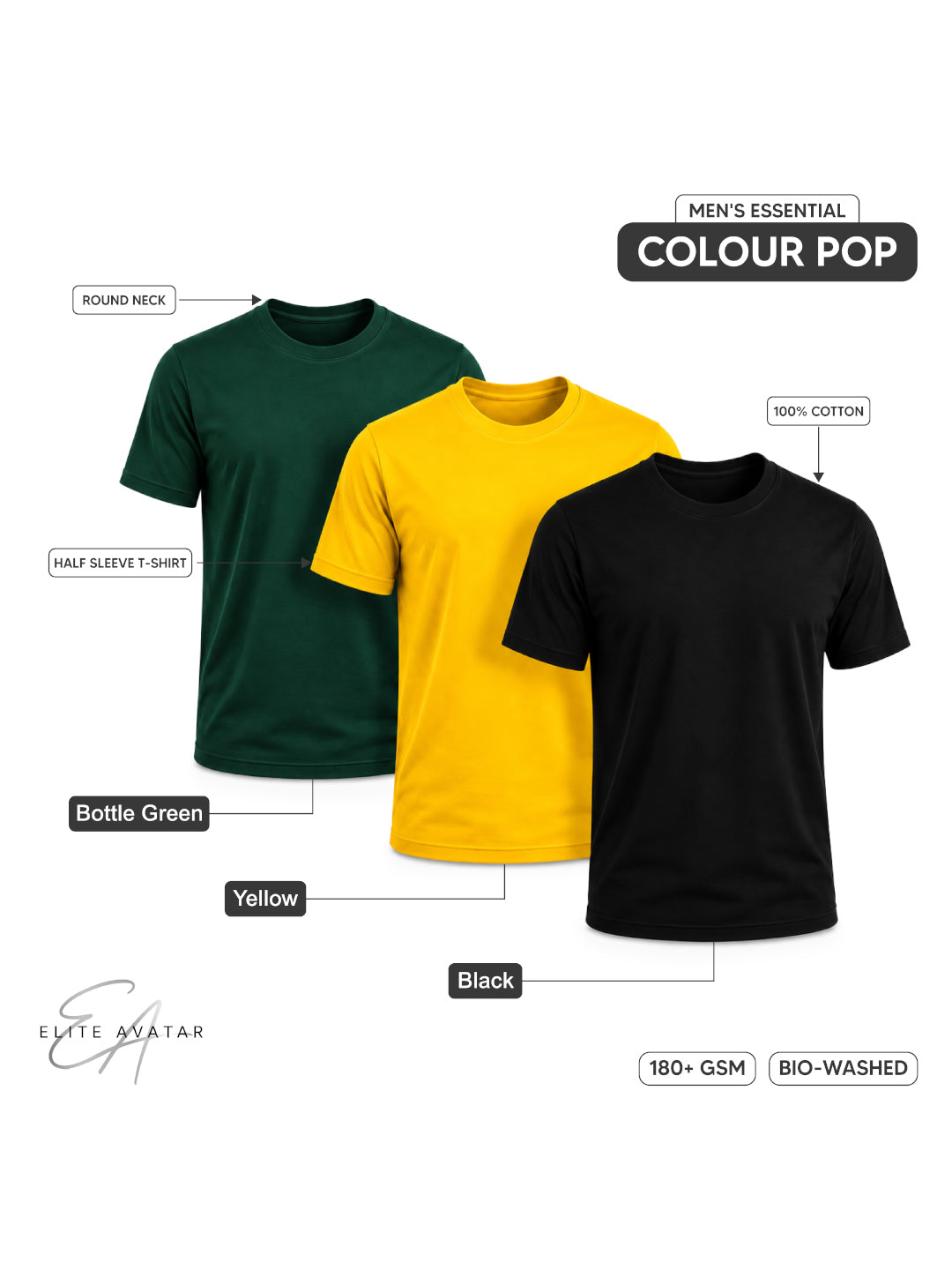 Colour Pop | Men's Essential 100% Cotton Round Neck T-Shirt | Black + Yellow + Bottle Green | Pack of 3
