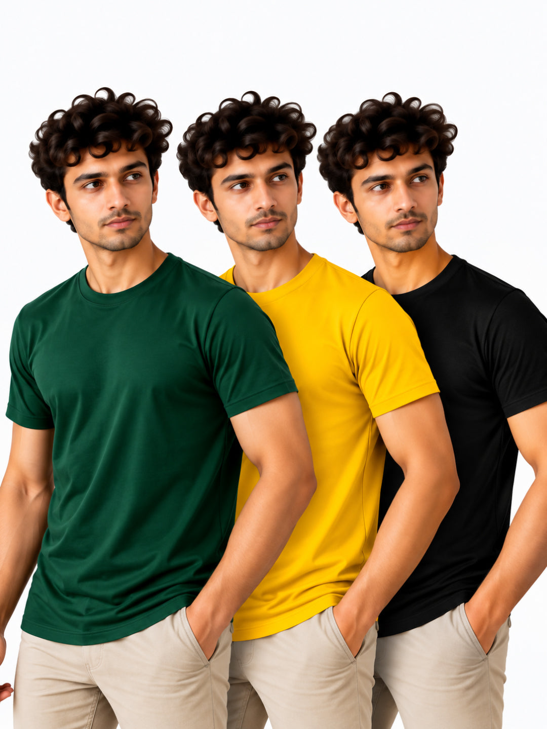 Colour Pop | Men's Essential 100% Cotton Round Neck T-Shirt | Black + Yellow + Bottle Green | Pack of 3