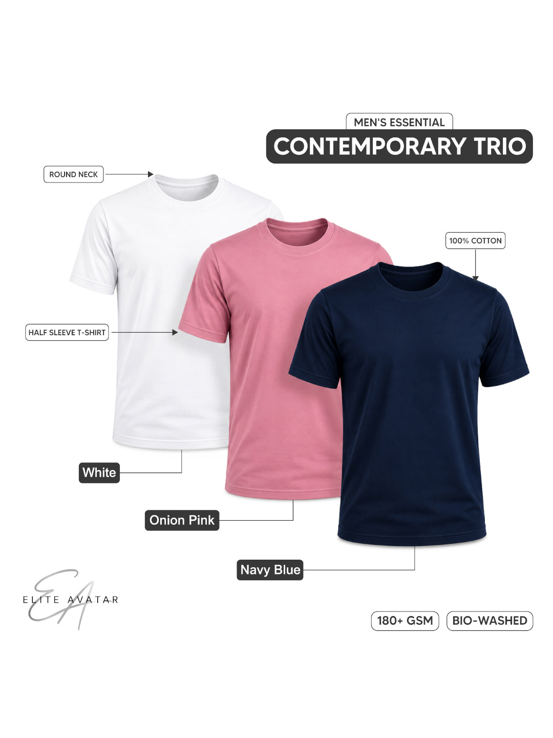 Contemporary Trio | Men's Essential 100% Cotton Round Neck T-Shirt | Navy Blue + Onion Pink + White | Pack of 3
