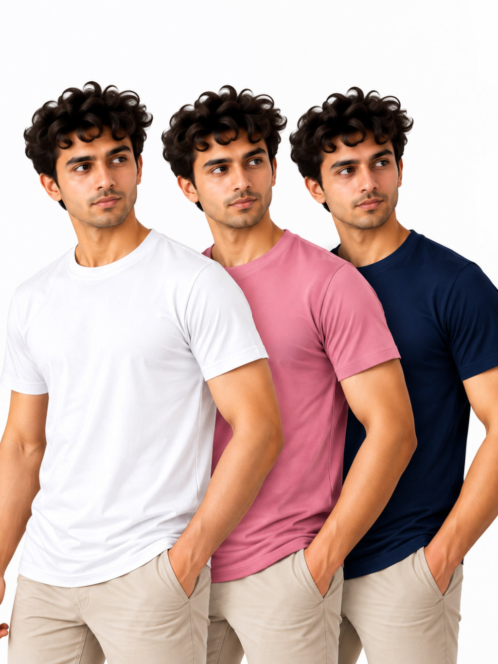 Contemporary Trio | Men's Essential 100% Cotton Round Neck T-Shirt | Navy Blue + Onion Pink + White | Pack of 3