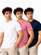 Contemporary Trio | Men's Essential 100% Cotton Round Neck T-Shirt | Navy Blue + Onion Pink + White | Pack of 3
