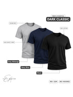 Dark Classic | Men's Essential 100% Cotton Round Neck T-Shirt | Black + Navy Blue + Grey Melange | Pack of 3