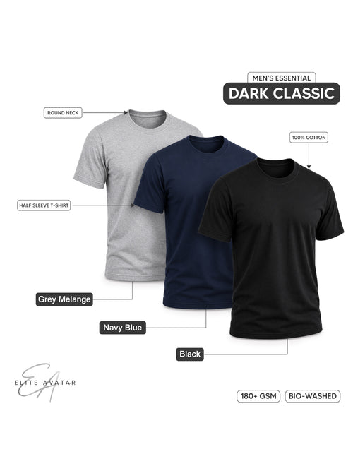 Dark Classic | Men's Essential 100% Cotton Round Neck T-Shirt | Black + Navy Blue + Grey Melange | Pack of 3