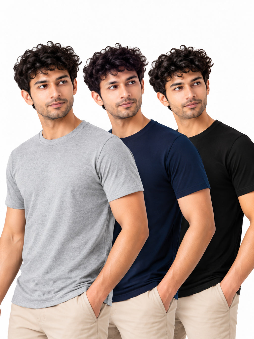 Dark Classic | Men's Essential 100% Cotton Round Neck T-Shirt | Black + Navy Blue + Grey Melange | Pack of 3