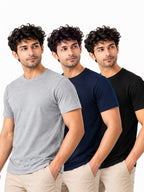 Dark Classic | Men's Essential 100% Cotton Round Neck T-Shirt | Black + Navy Blue + Grey Melange | Pack of 3
