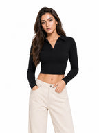 Ribbed Full Sleeve Crop Polo