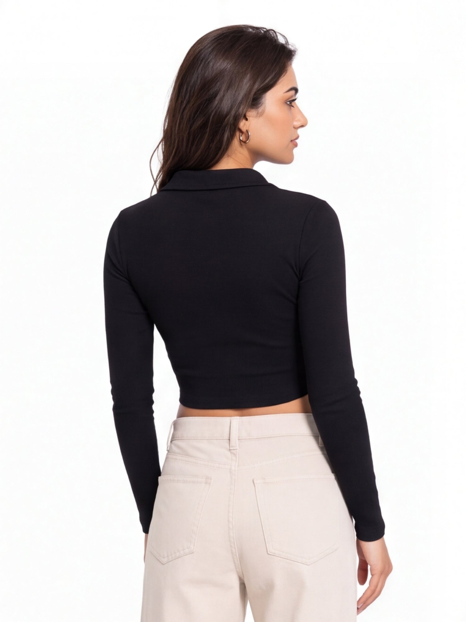 Ribbed Full Sleeve Crop Polo