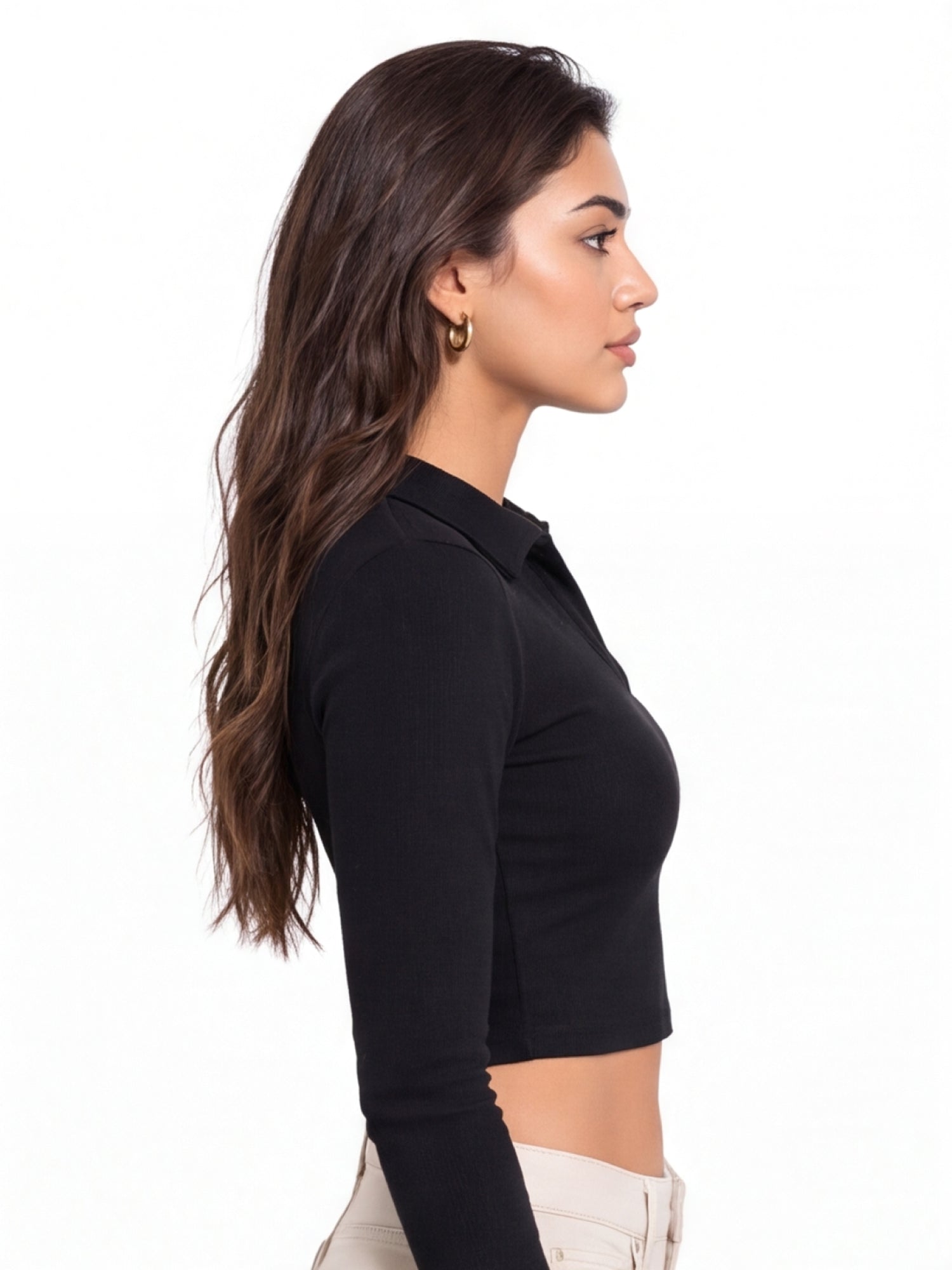 Ribbed Full Sleeve Crop Polo