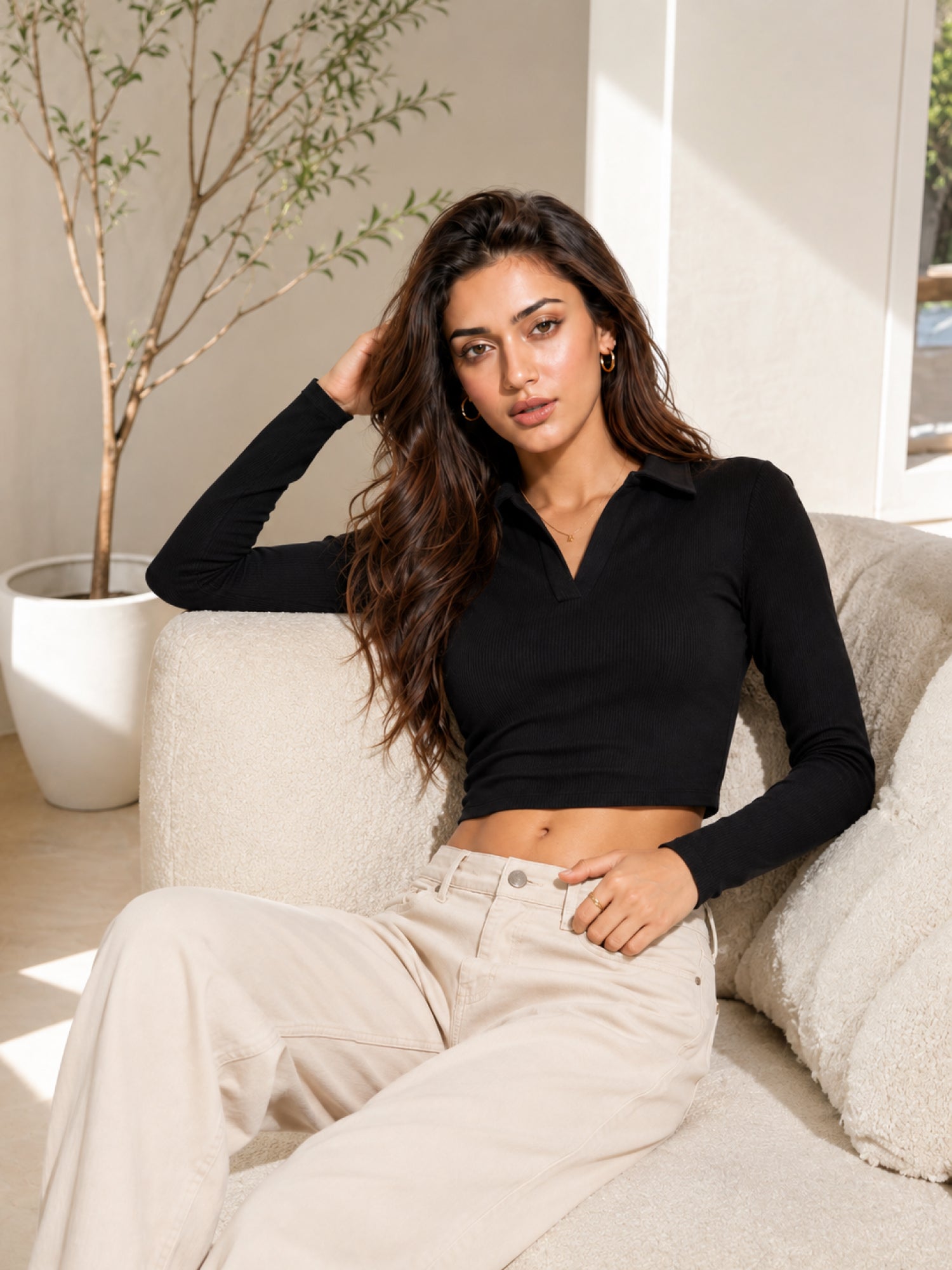Ribbed Full Sleeve Crop Polo