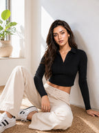 Ribbed Full Sleeve Crop Polo