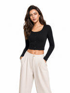 Ribbed Full Sleeve Front Button Crop Top