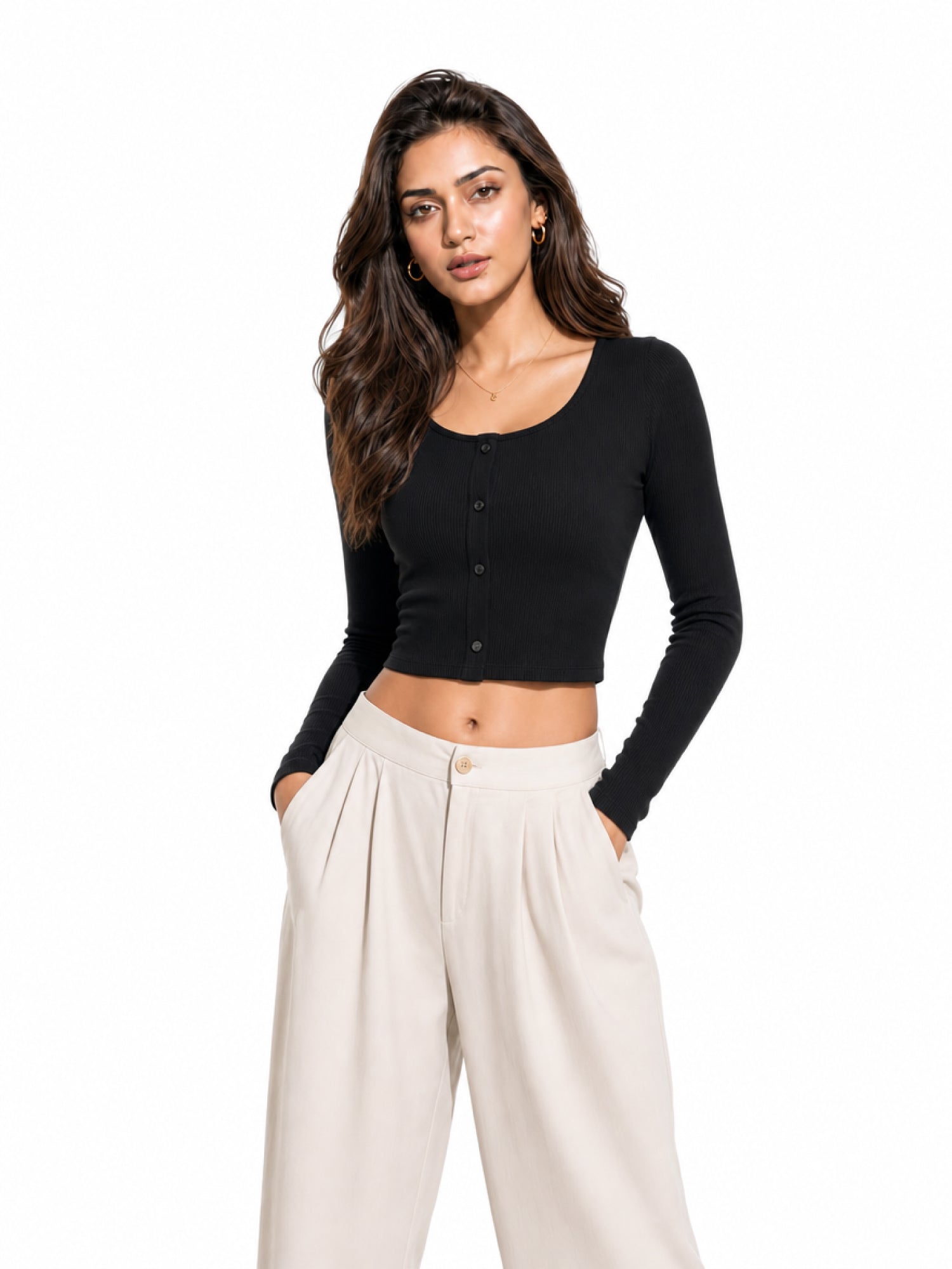 Ribbed Full Sleeve Front Button Crop Top