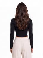 Ribbed Full Sleeve Front Button Crop Top