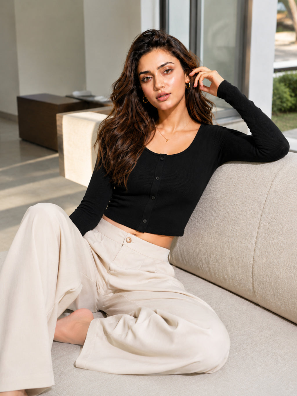Ribbed Full Sleeve Front Button Crop Top