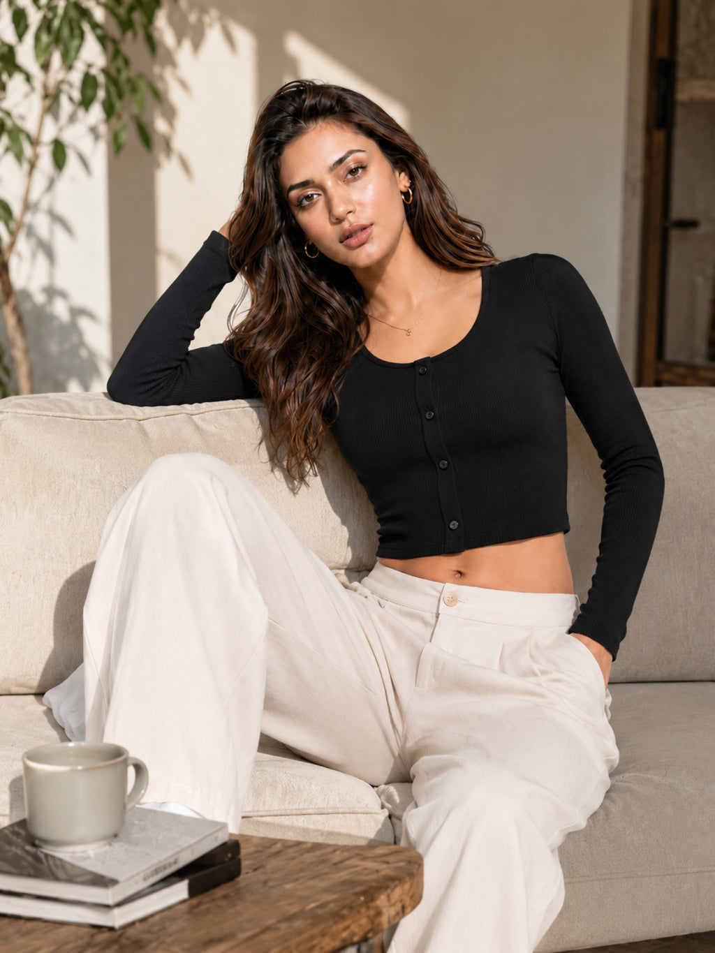 Ribbed Full Sleeve Front Button Crop Top