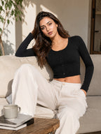 Ribbed Full Sleeve Front Button Crop Top