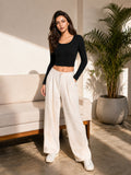Ribbed Full Sleeve Front Button Crop Top