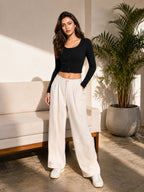 Ribbed Full Sleeve Front Button Crop Top