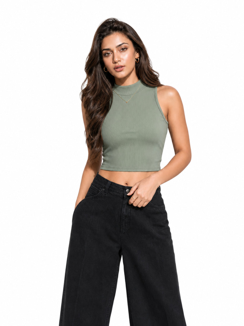 Ribbed High Neck Crop Tank Top