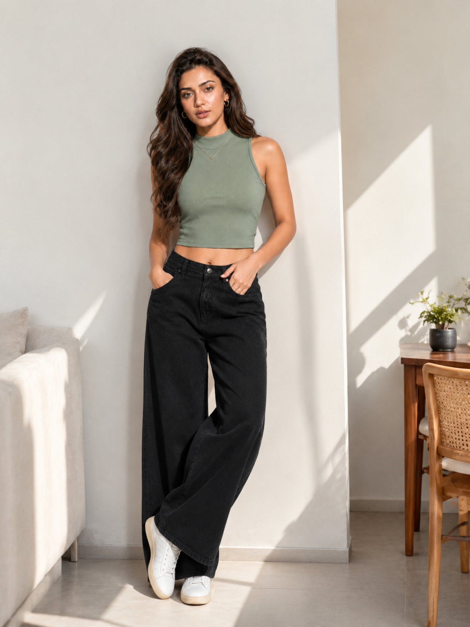 Ribbed High Neck Crop Tank Top