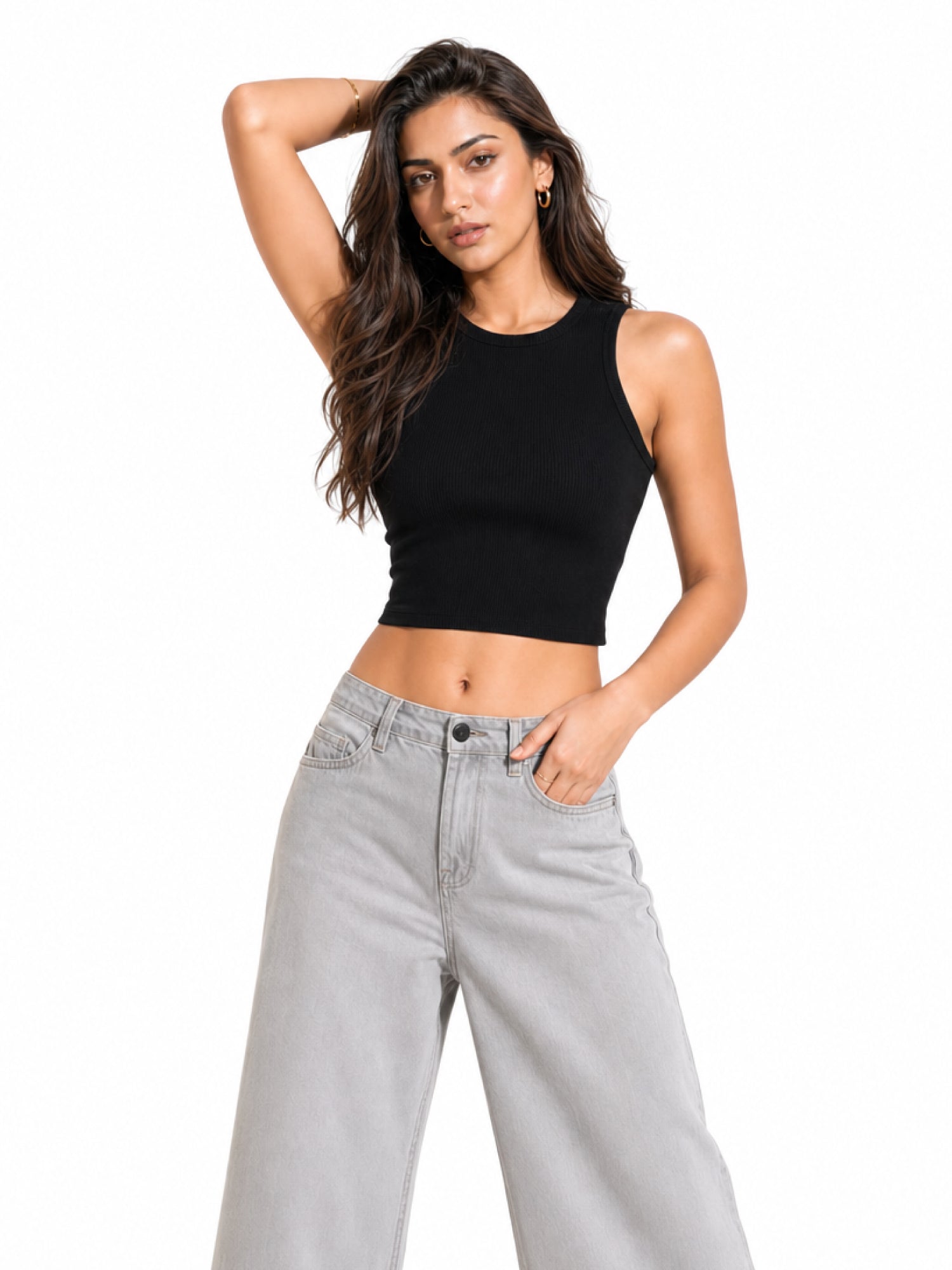 Ribbed Round Neck Crop Tank Top