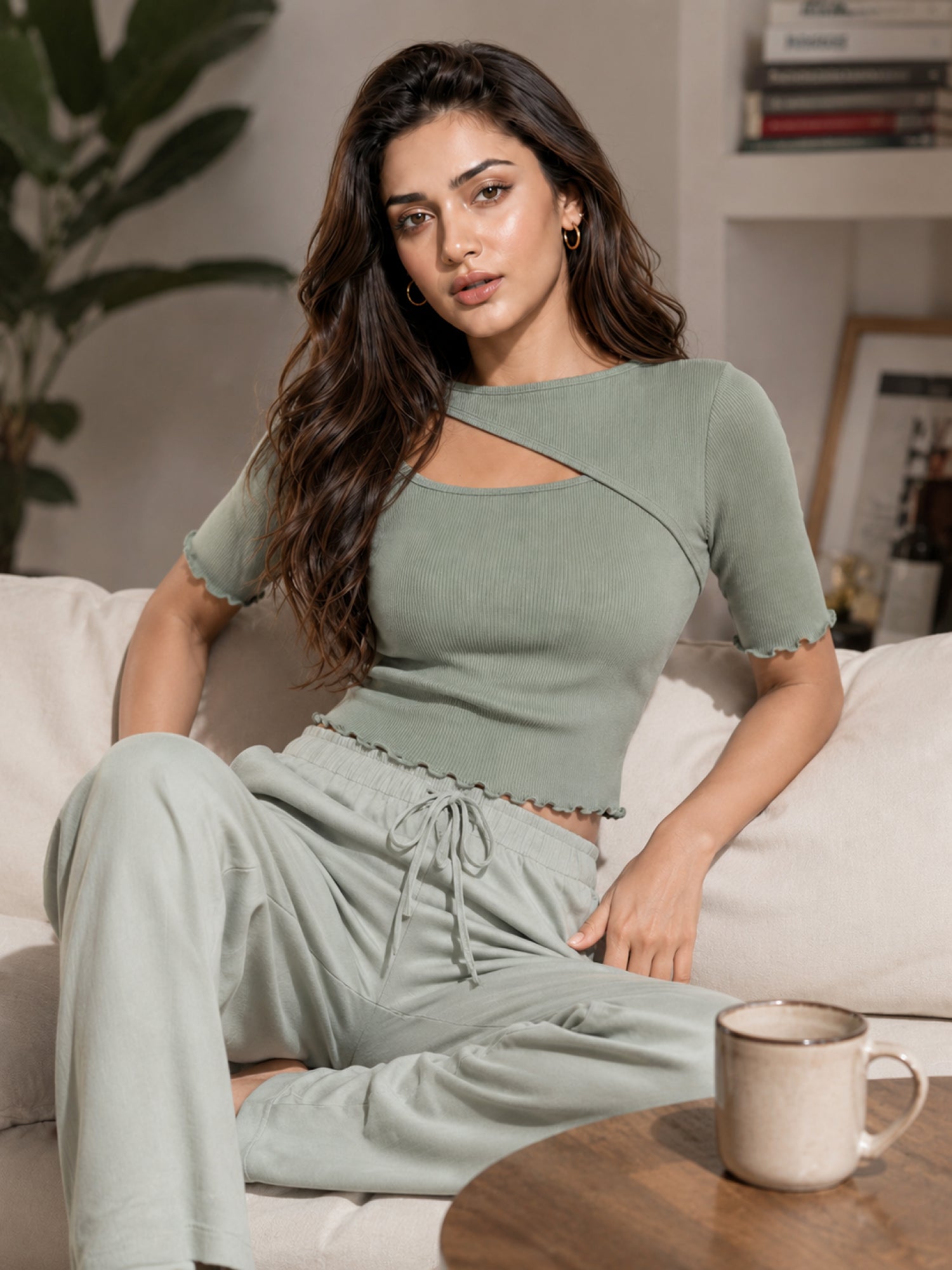 Ribbed Front Cut Out Lettuce Hem Top