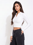 Ribbed Full Sleeve Crop Polo