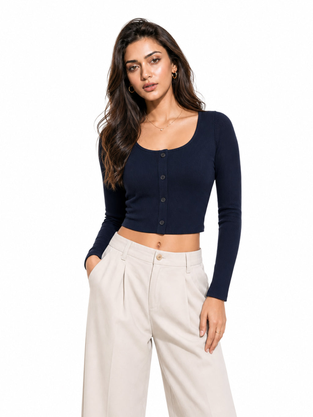 Ribbed Full Sleeve Front Button Crop Top