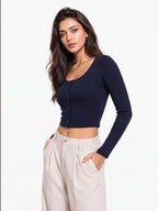 Ribbed Full Sleeve Front Button Crop Top