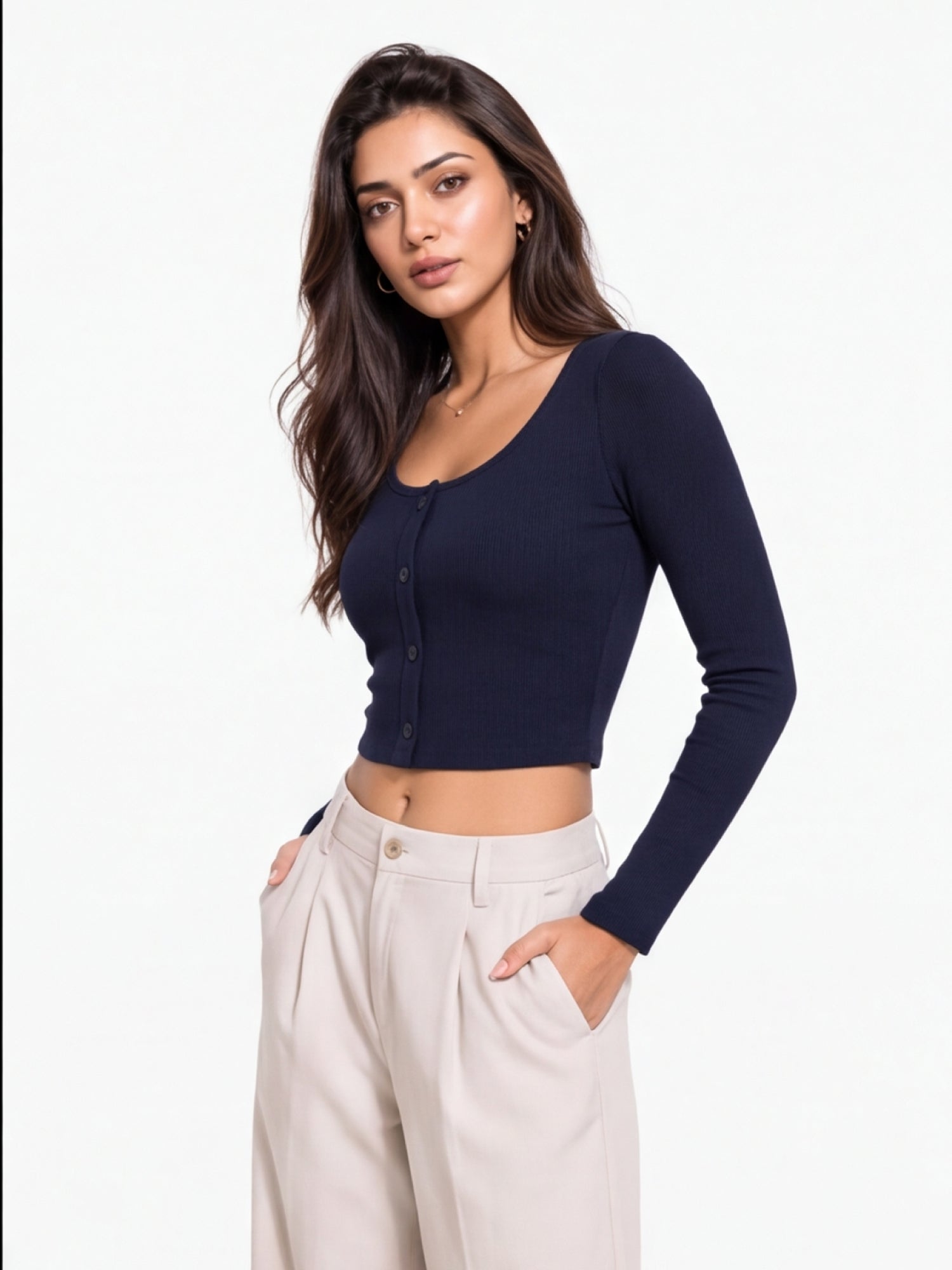 Ribbed Full Sleeve Front Button Crop Top