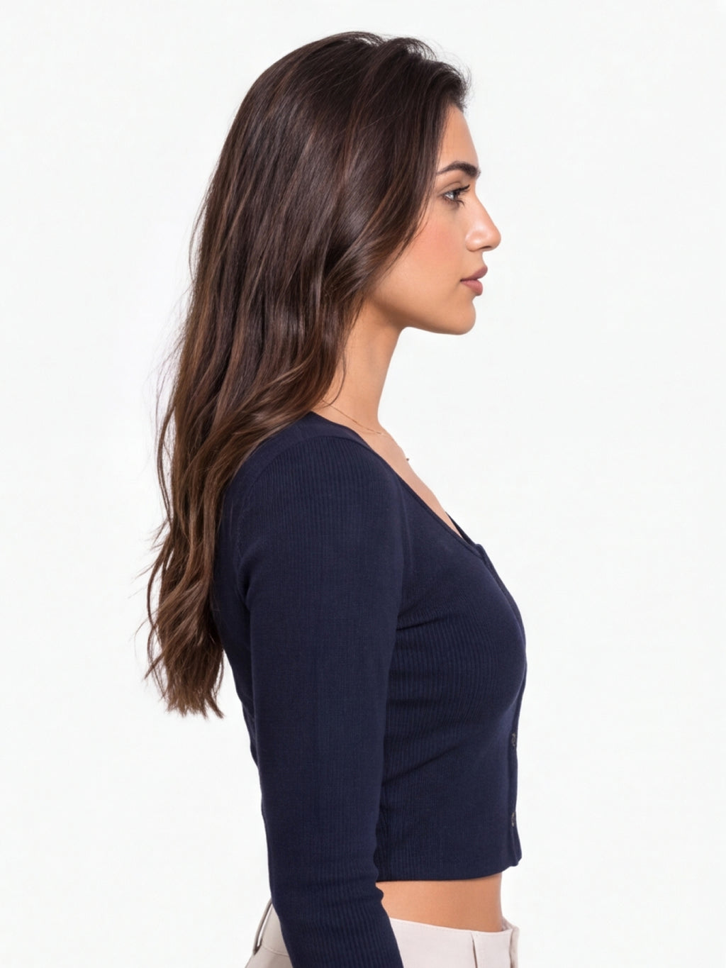 Ribbed Full Sleeve Front Button Crop Top