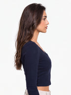 Ribbed Full Sleeve Front Button Crop Top