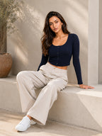 Ribbed Full Sleeve Front Button Crop Top