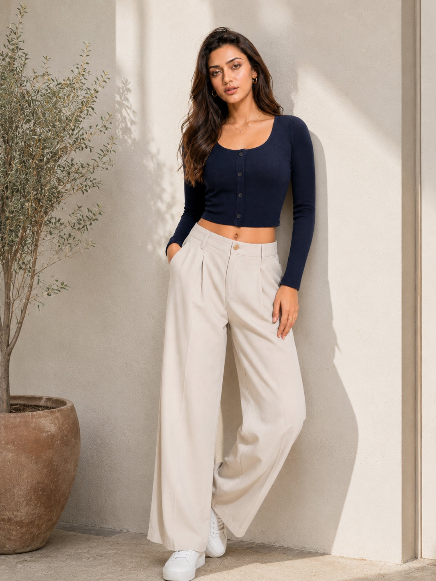 Ribbed Full Sleeve Front Button Crop Top