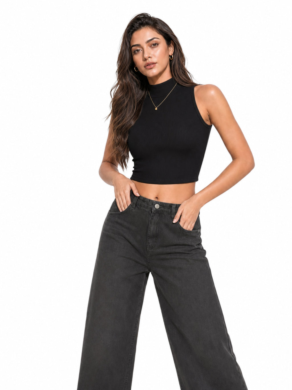Ribbed High Neck Crop Tank Top