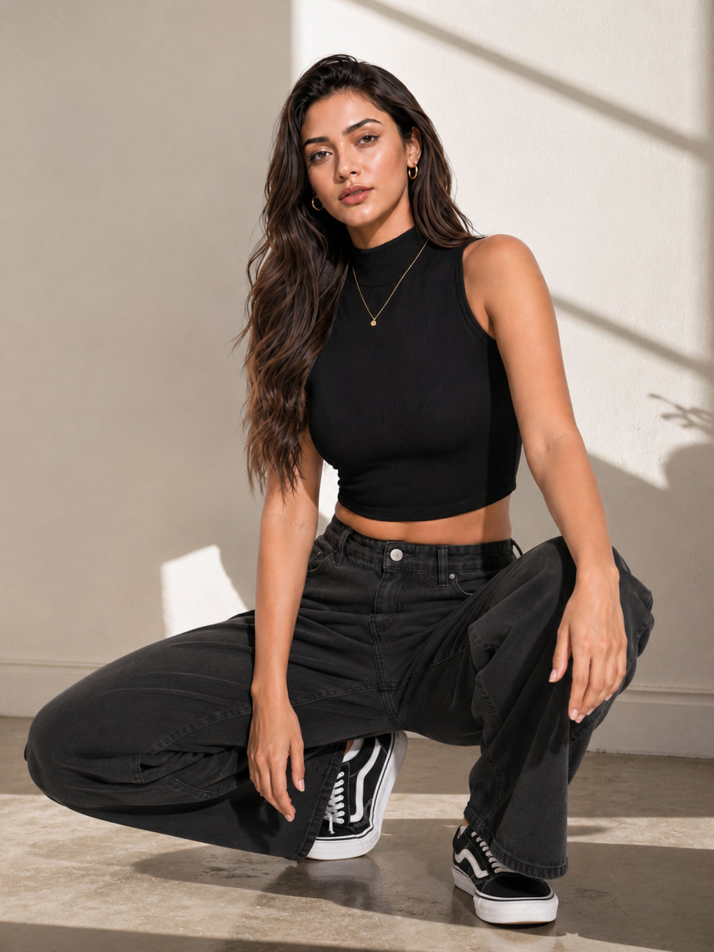 Ribbed High Neck Crop Tank Top