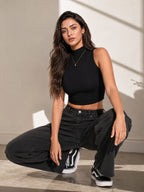 Ribbed High Neck Crop Tank Top