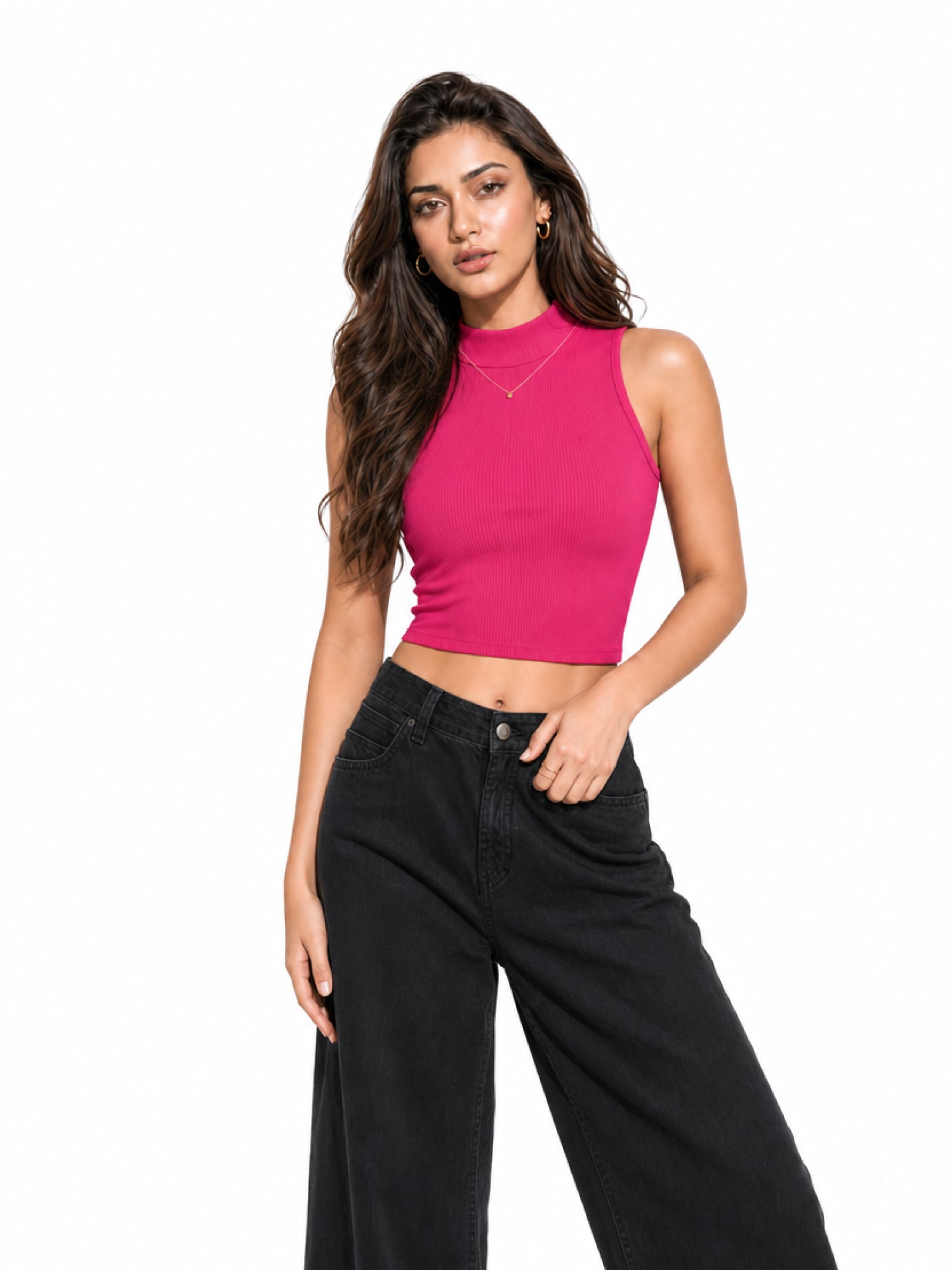 Ribbed High Neck Crop Tank Top