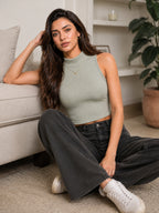 Ribbed High Neck Crop Tank Top